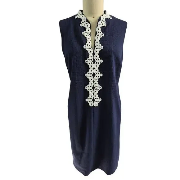NWT Vince Camuto Navy Blue Polyester Dress White Embroidery Waffle Textured 18W - Picture 1 of 5